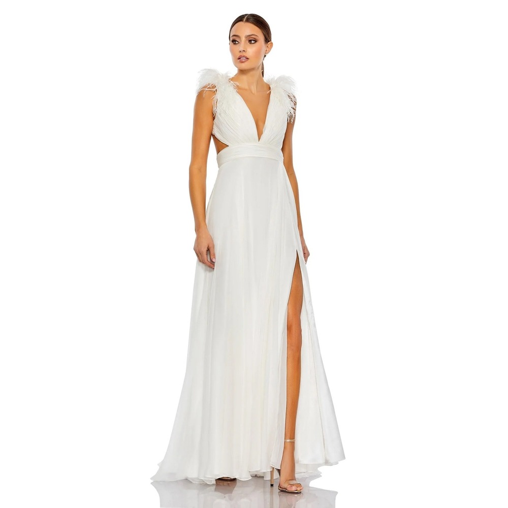 Mac Duggal 68113 White Feather Trim Plunging V-Neck Lace Up Back Gown Dress 8